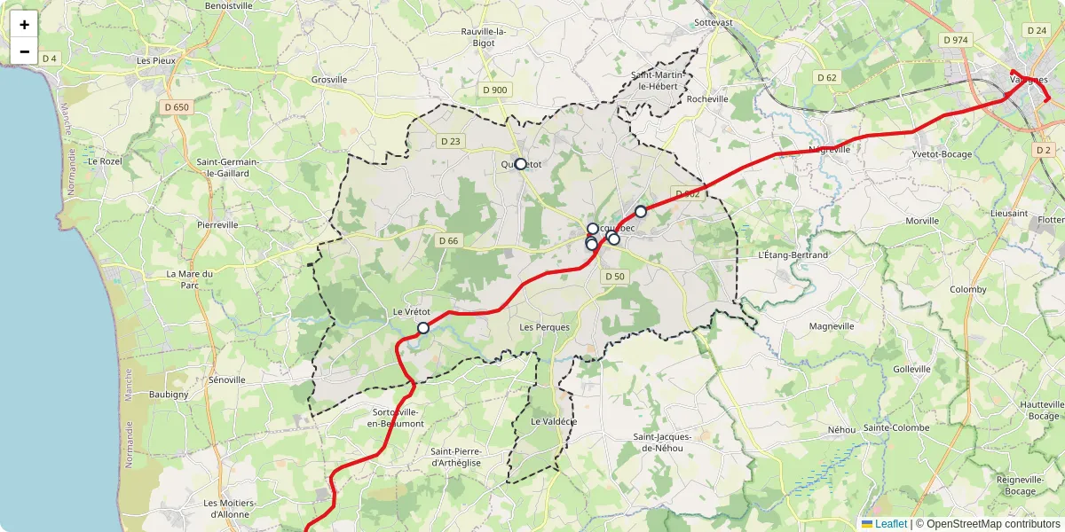 Carte du réseau de transport en commun à Bricquebec-en-Cotentin - lignes de bus et arrêts