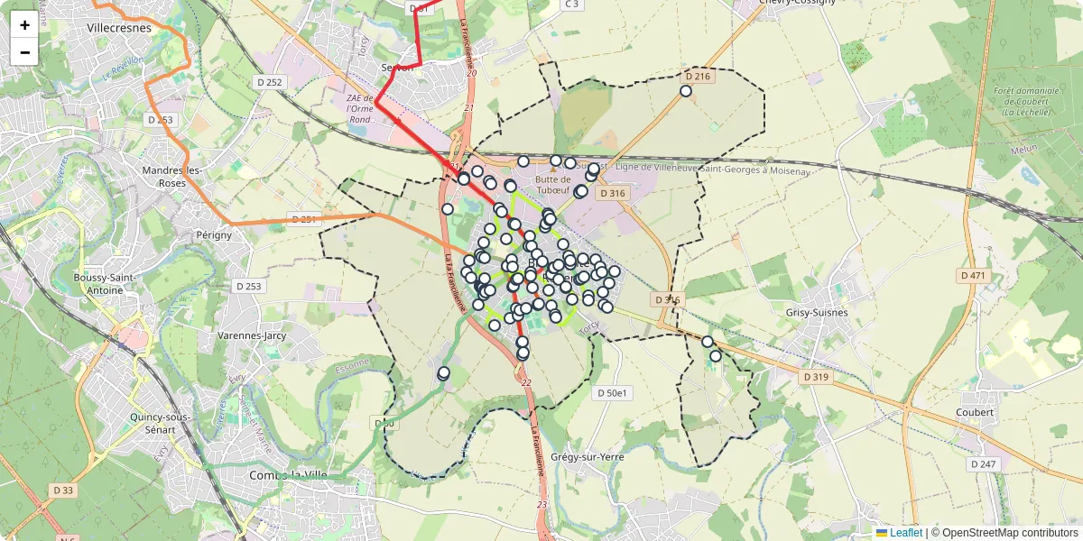 Carte du réseau de transport en commun à Brie-Comte-Robert - lignes de bus et arrêts
