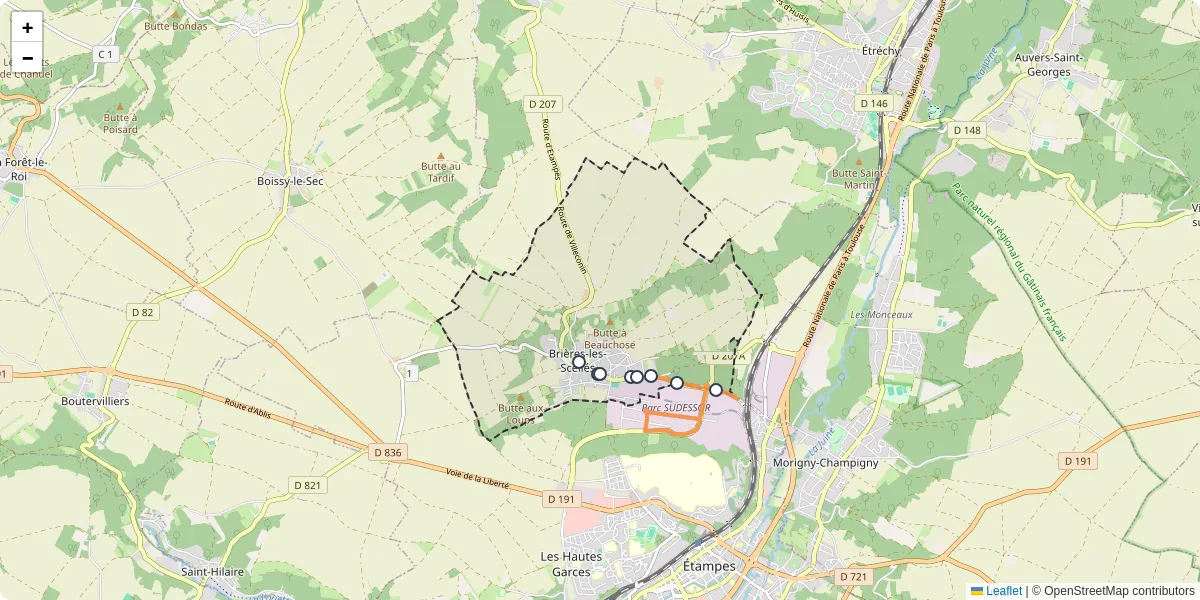 Carte du réseau de transport en commun à Brières-les-Scellés - lignes de bus et arrêts