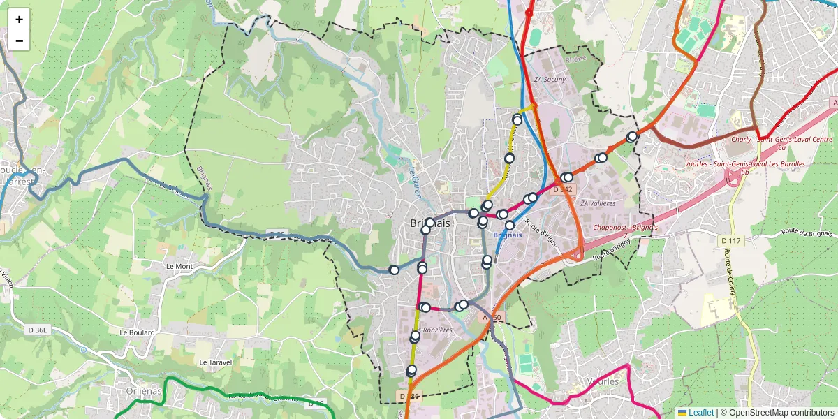 Carte du réseau de transport en commun à Brignais - lignes de bus et arrêts