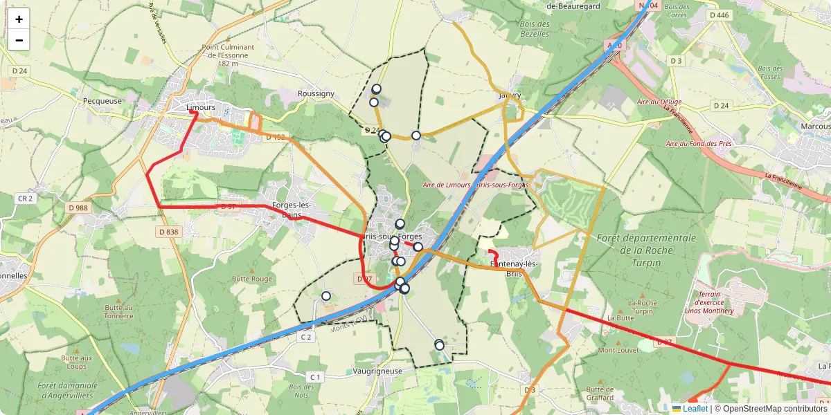Carte du réseau de transport en commun à Briis-sous-Forges - lignes de bus et arrêts