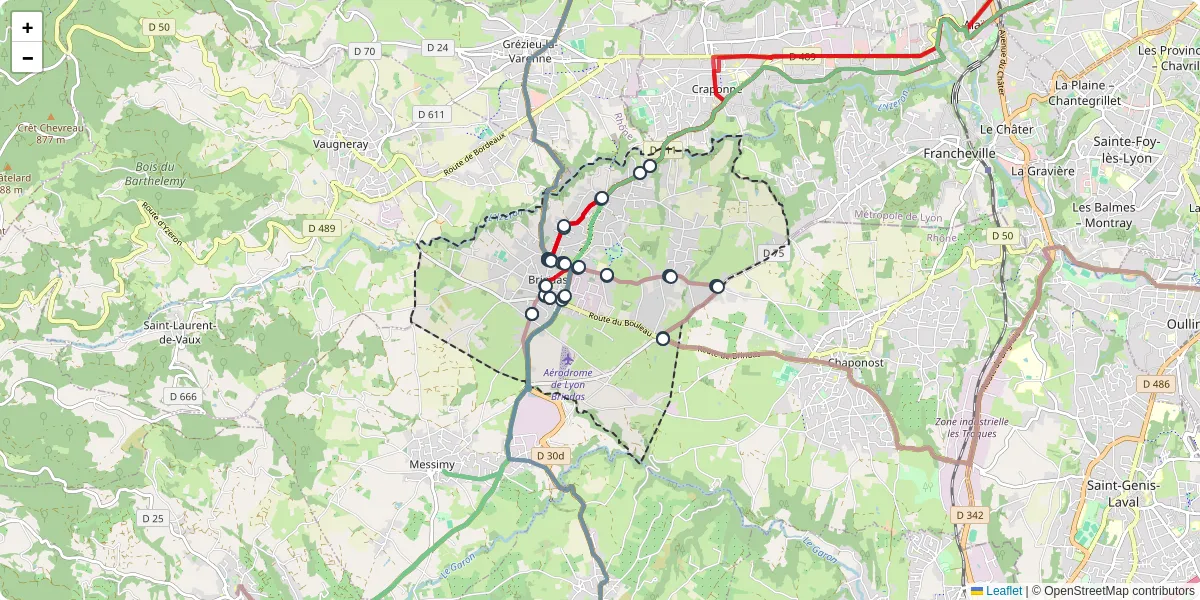 Carte du réseau de transport en commun à Brindas - lignes de bus et arrêts