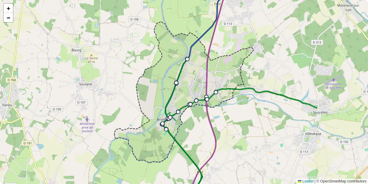 Carte du réseau de transport en commun à Briollay - lignes de bus et arrêts