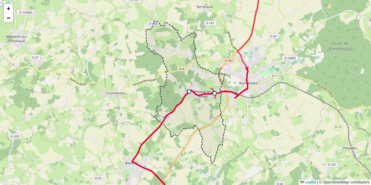 Carte du réseau de transport en commun à Briosne-lès-Sables - lignes de bus et arrêts