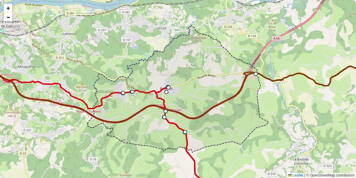 Carte du réseau de transport en commun à Briscous - lignes de bus et arrêts