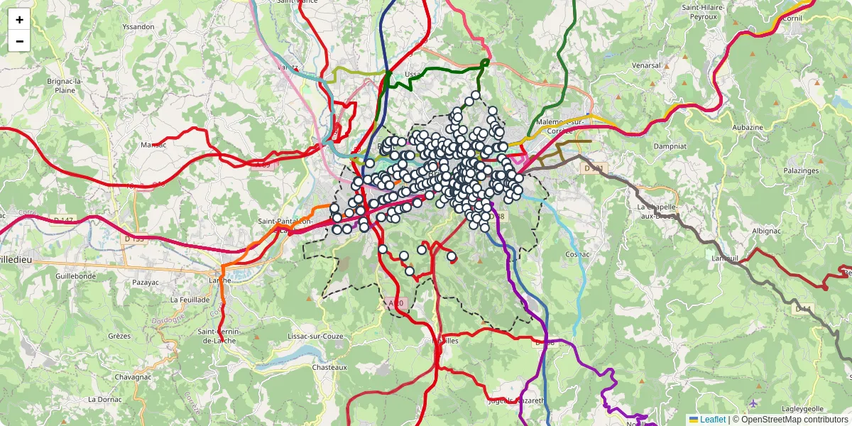 Carte du réseau de transport en commun à Brive-la-Gaillarde - lignes de bus et arrêts