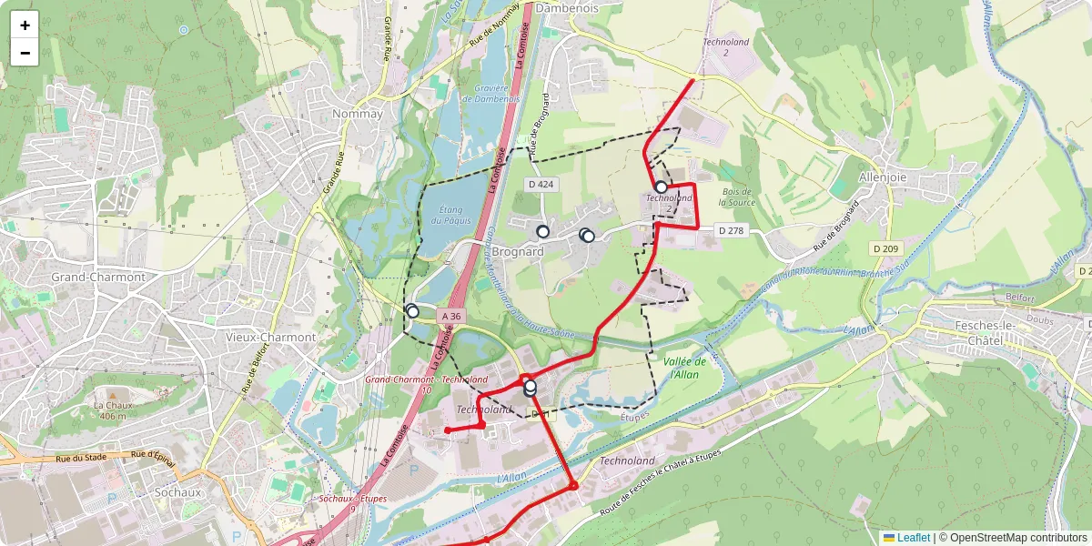 Carte du réseau de transport en commun à Brognard - lignes de bus et arrêts