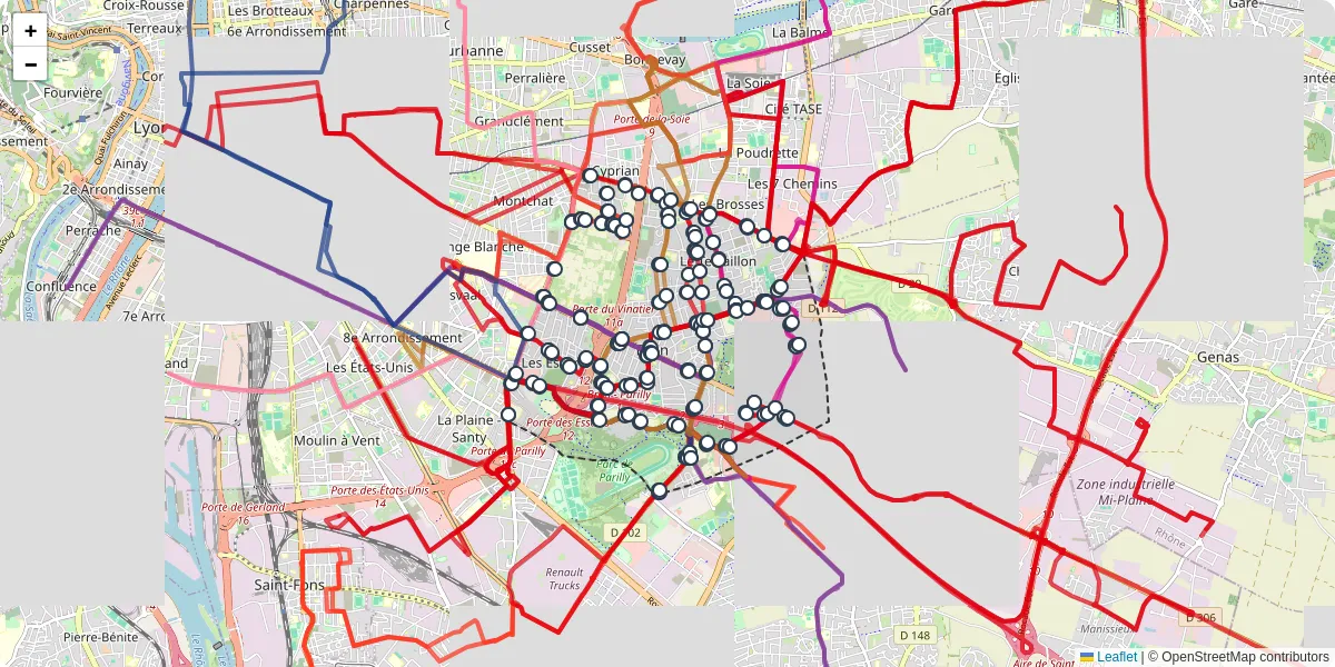 Carte du réseau de transport en commun à Bron - lignes de bus et arrêts