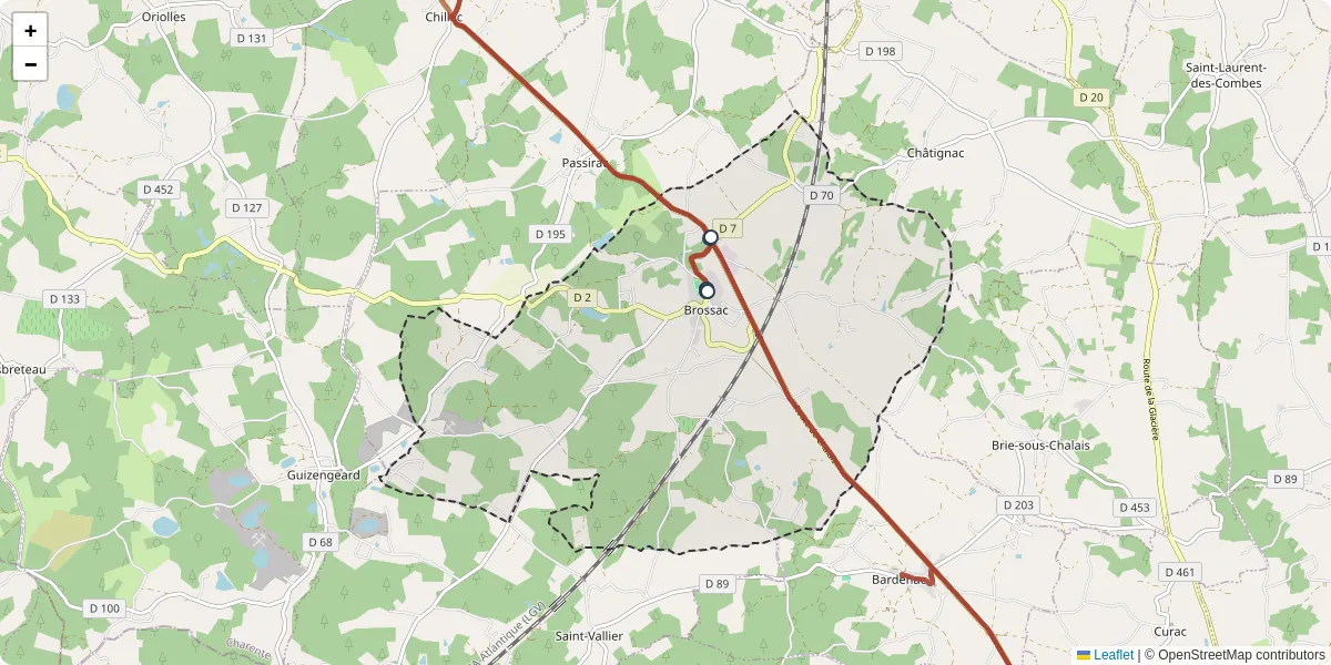 Carte du réseau de transport en commun à Brossac - lignes de bus et arrêts