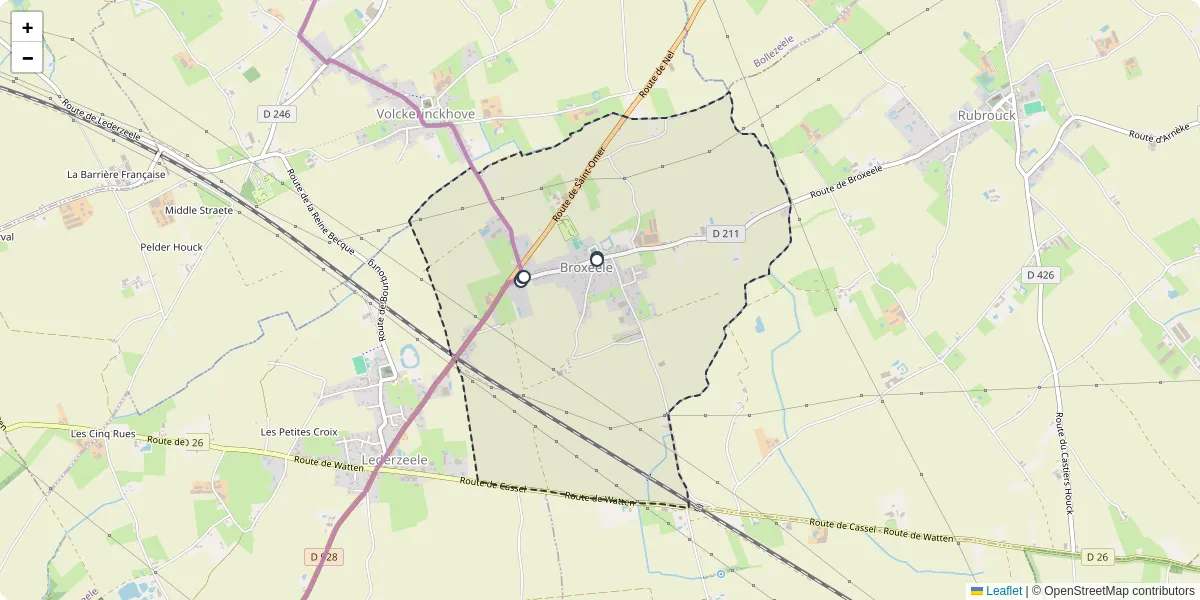 Carte du réseau de transport en commun à Broxeele - lignes de bus et arrêts