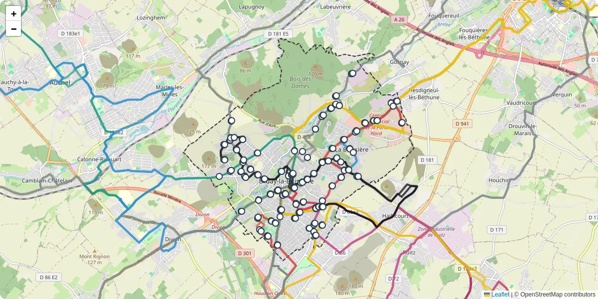 Carte du réseau de transport en commun à Bruay-la-Buissière - lignes de bus et arrêts