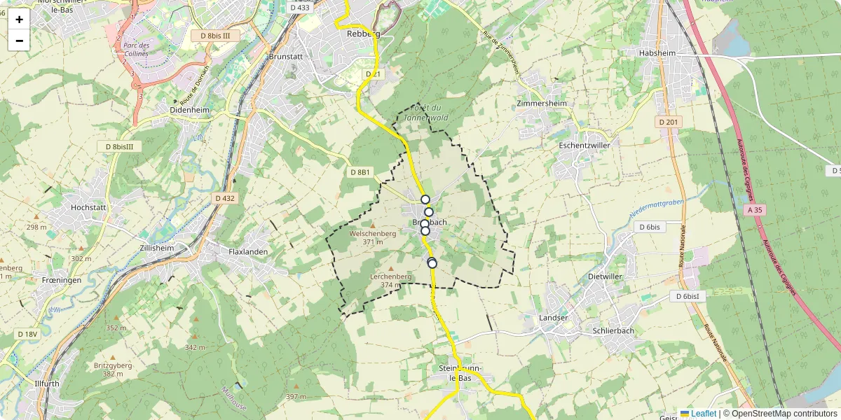 Carte du réseau de transport en commun à Bruebach - lignes de bus et arrêts