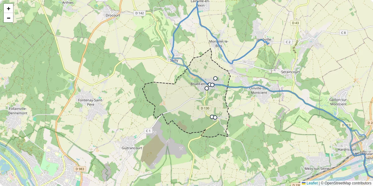 Carte du réseau de transport en commun à Brueil-en-Vexin - lignes de bus et arrêts