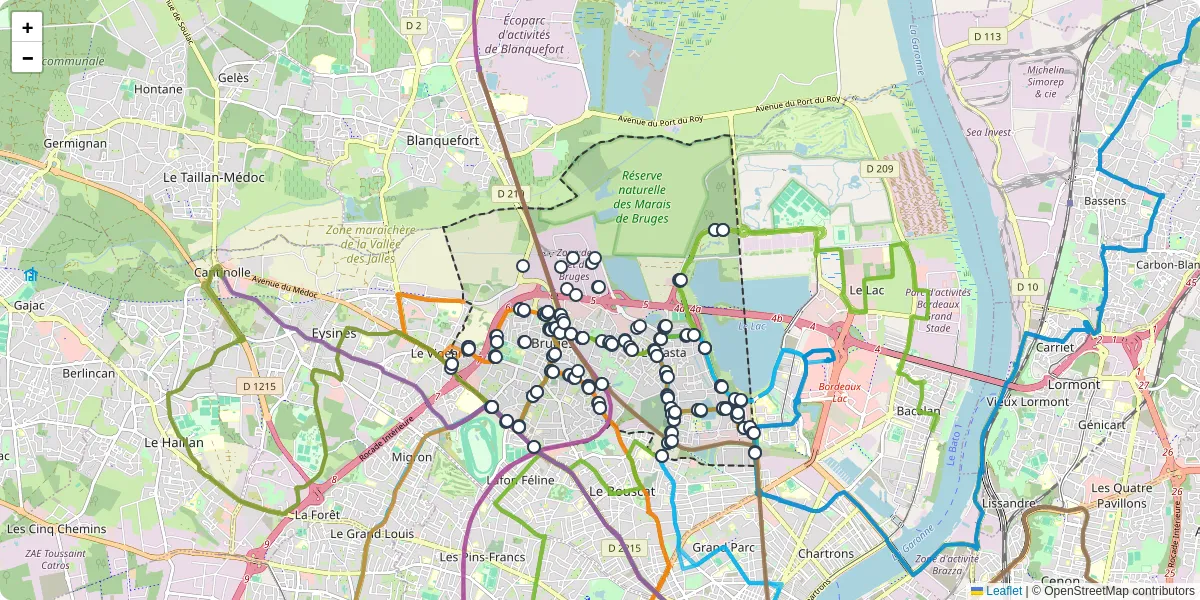 Carte du réseau de transport en commun à Bruges - lignes de bus et arrêts
