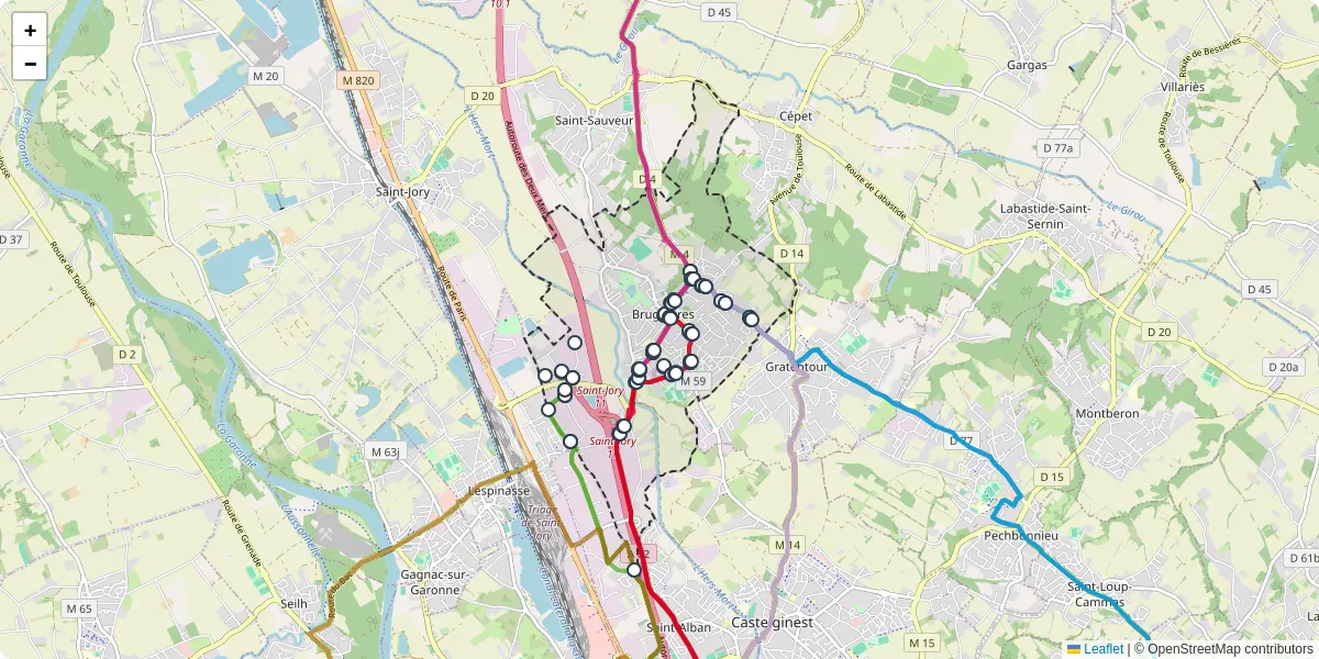 Carte du réseau de transport en commun à Bruguières - lignes de bus et arrêts