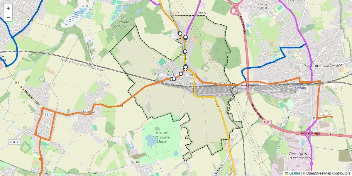 Carte du réseau de transport en commun à Bruille-lez-Marchiennes - lignes de bus et arrêts