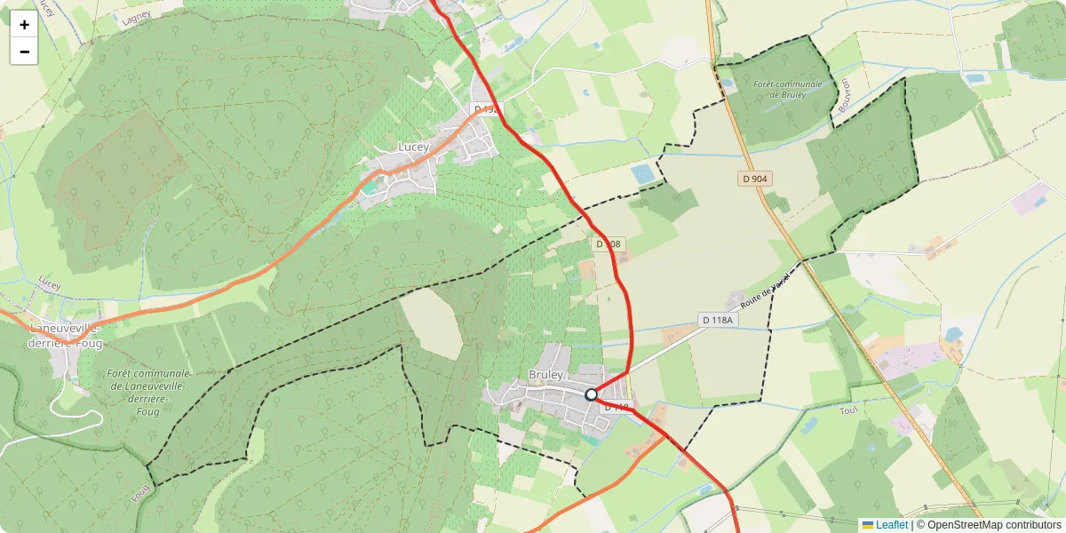 Carte du réseau de transport en commun à Bruley - lignes de bus et arrêts