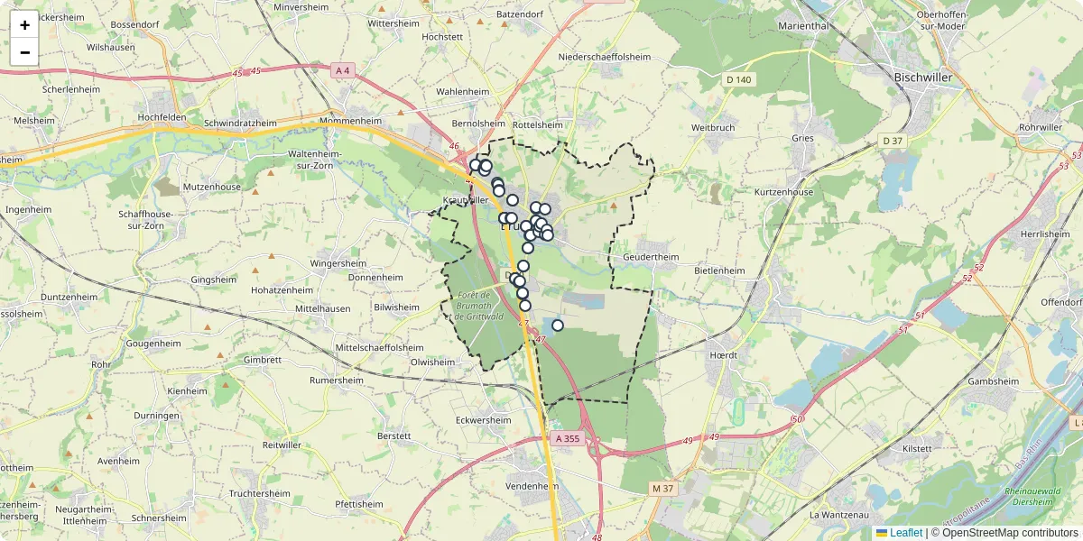 Carte du réseau de transport en commun à Brumath - lignes de bus et arrêts