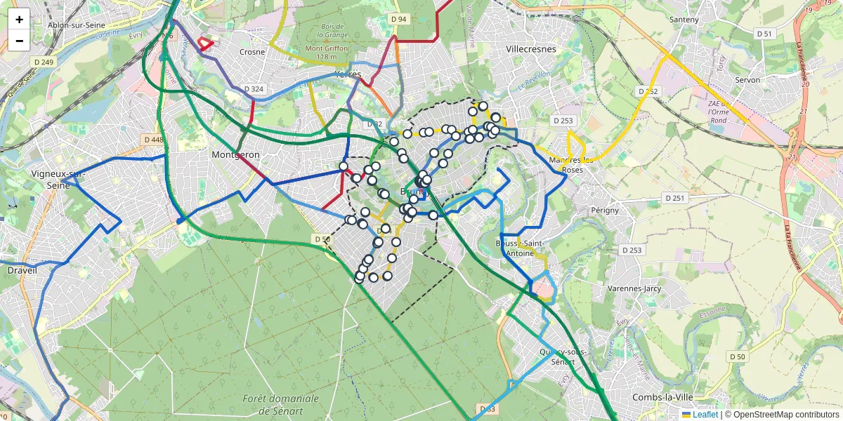Carte du réseau de transport en commun à Brunoy - lignes de bus et arrêts