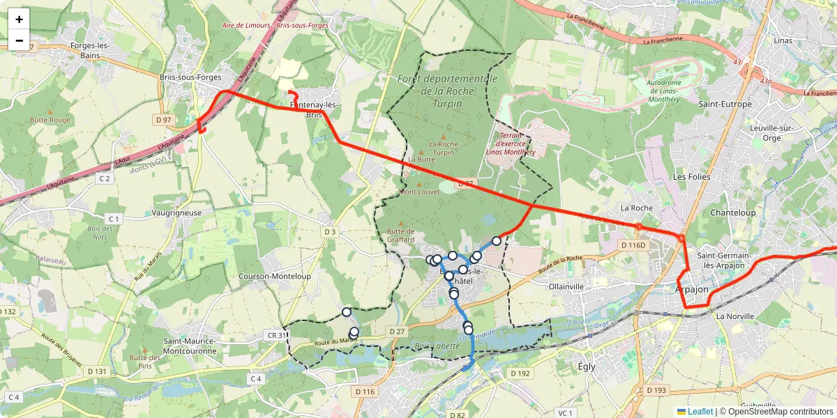 Carte du réseau de transport en commun à Bruyères-le-Châtel - lignes de bus et arrêts