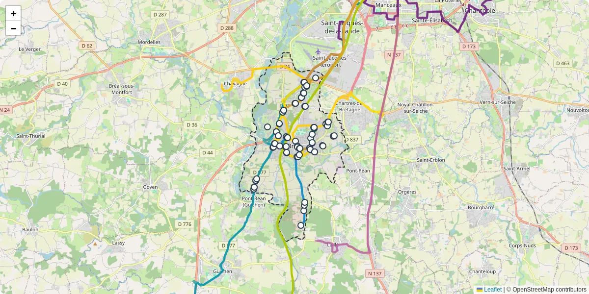 Carte du réseau de transport en commun à Bruz - lignes de bus et arrêts
