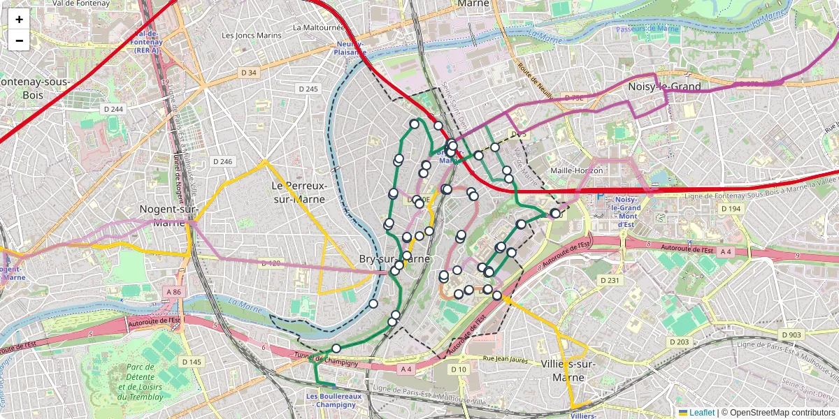 Carte du réseau de transport en commun à Bry-sur-Marne - lignes de bus et arrêts
