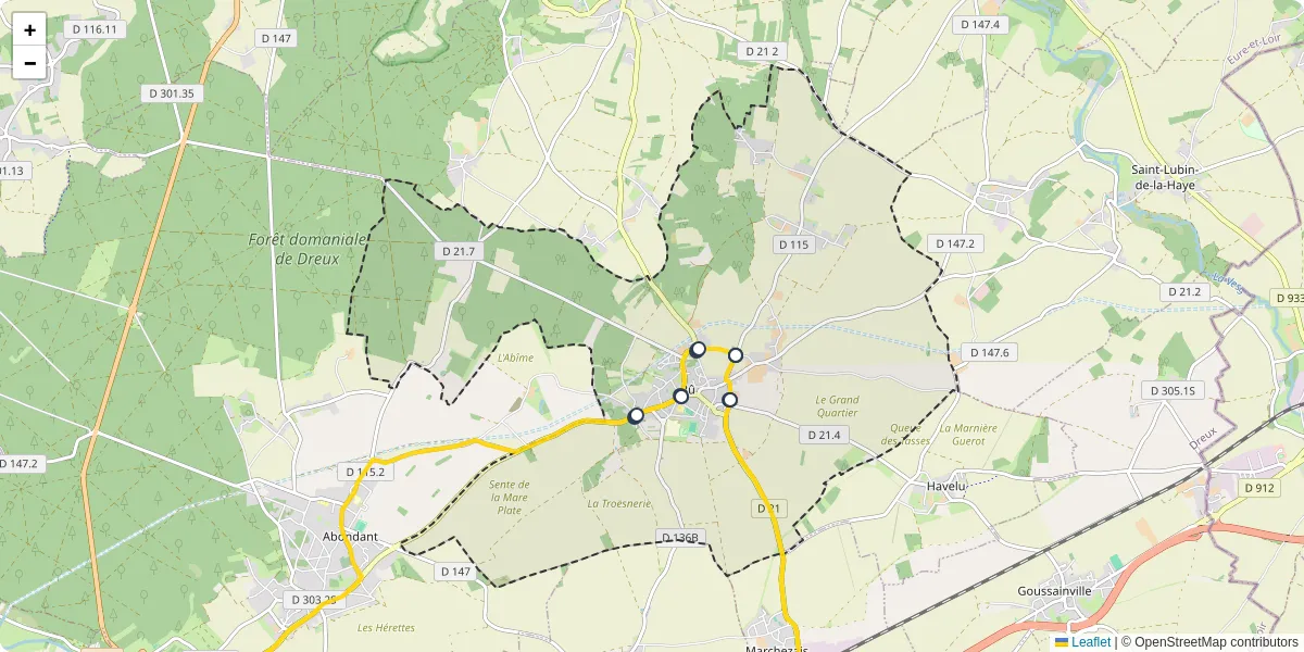 Carte du réseau de transport en commun à Bû - lignes de bus et arrêts