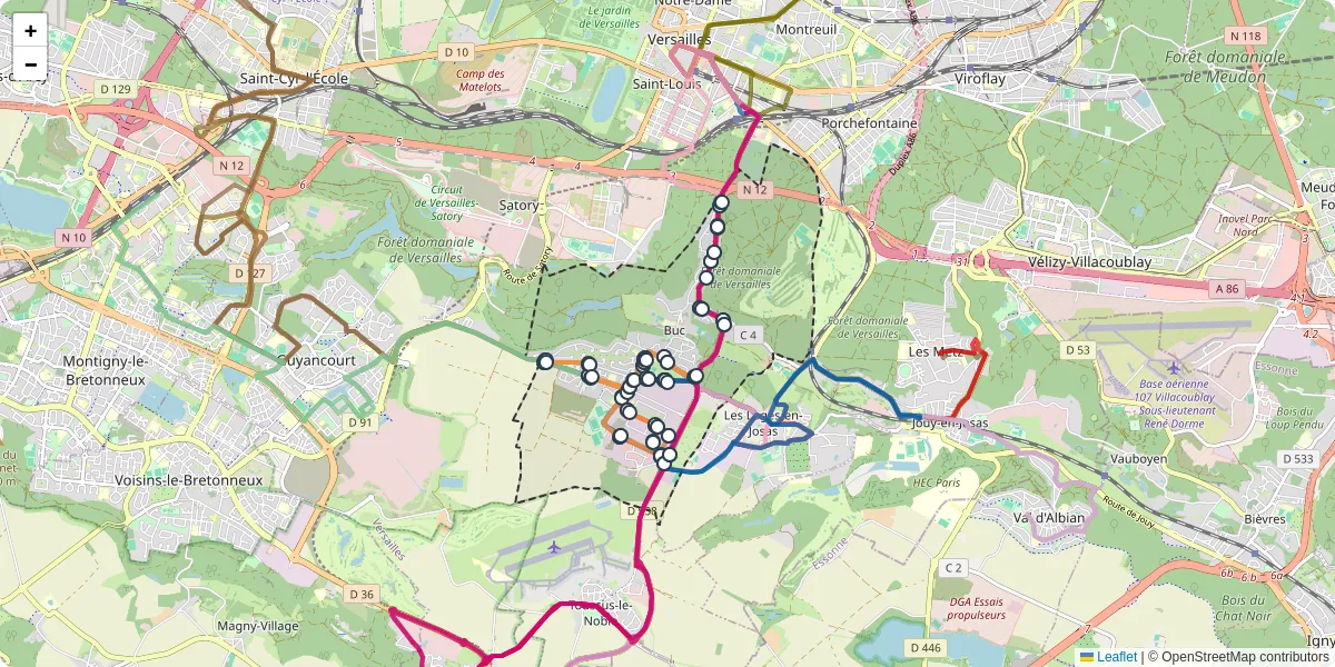 Carte du réseau de transport en commun à Buc - lignes de bus et arrêts
