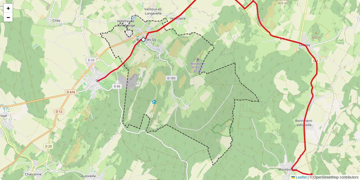 Carte du réseau de transport en commun à Bucey-lès-Gy - lignes de bus et arrêts