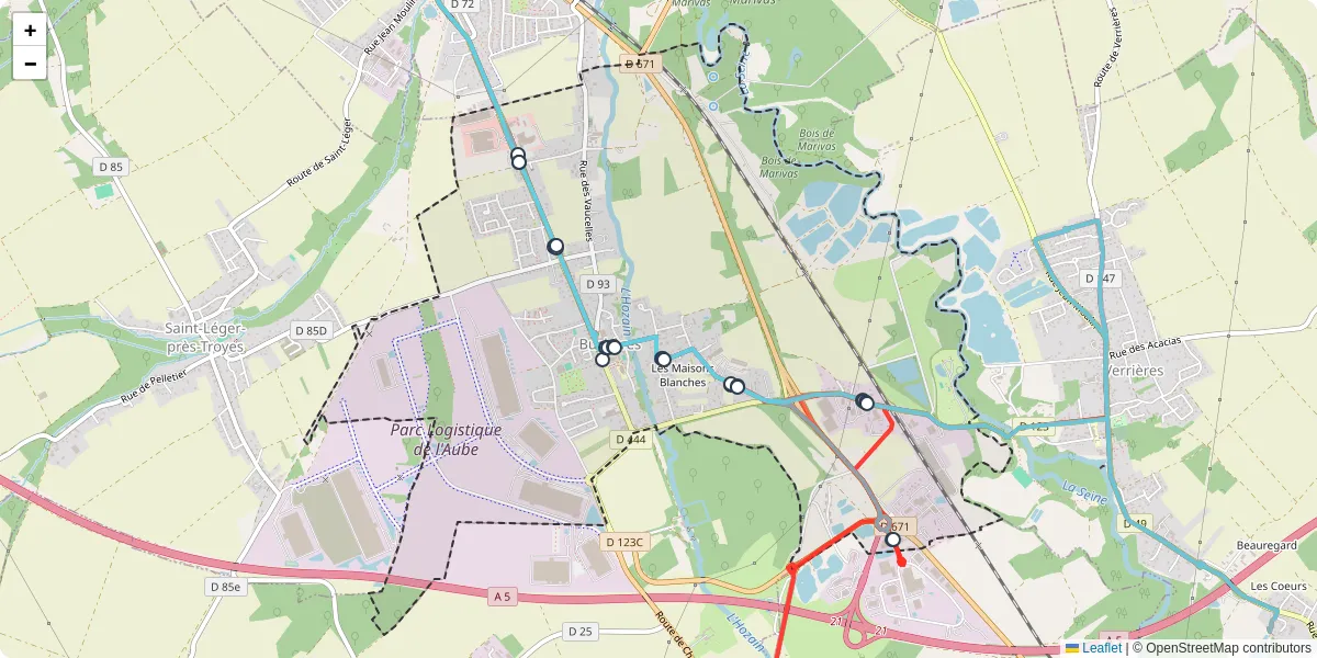 Carte du réseau de transport en commun à Buchères - lignes de bus et arrêts