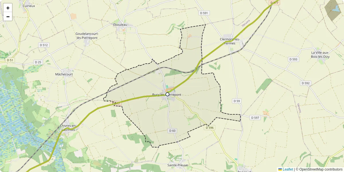 Carte du réseau de transport en commun à Bucy-lès-Pierrepont - lignes de bus et arrêts
