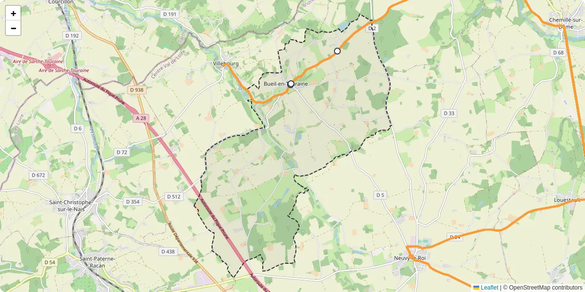 Carte du réseau de transport en commun à Bueil-en-Touraine - lignes de bus et arrêts