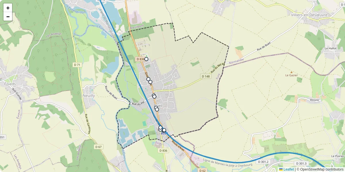 Carte du réseau de transport en commun à Bueil - lignes de bus et arrêts
