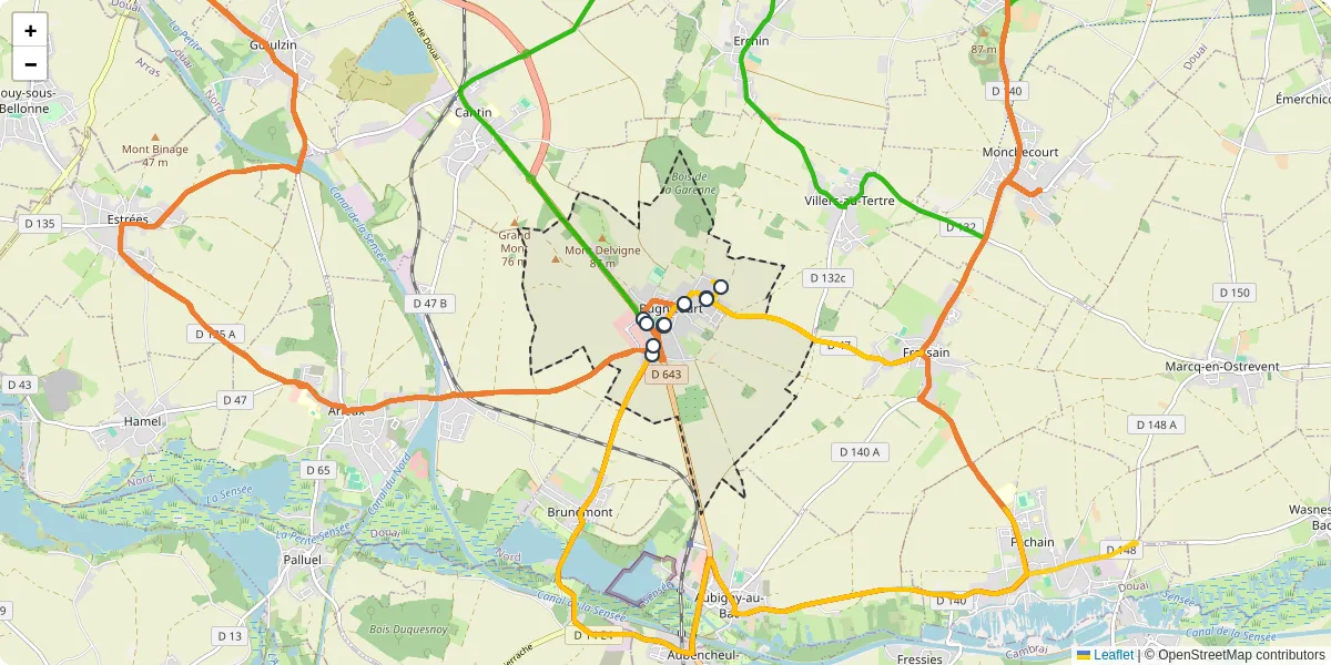 Carte du réseau de transport en commun à Bugnicourt - lignes de bus et arrêts