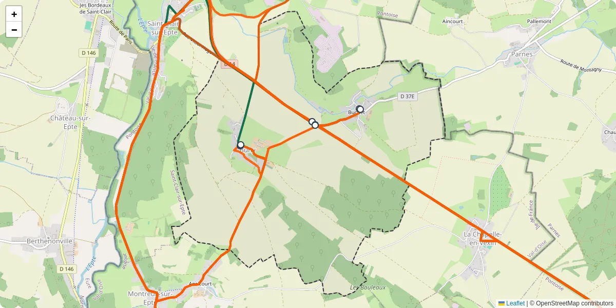 Carte du réseau de transport en commun à Buhy - lignes de bus et arrêts