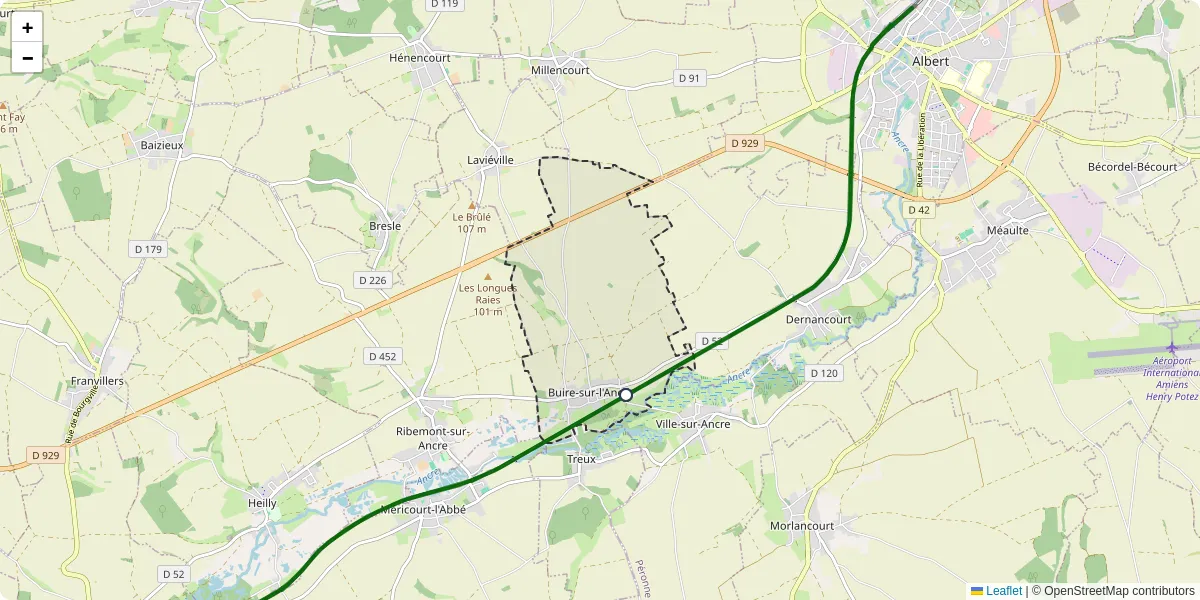 Carte du réseau de transport en commun à Buire-sur-l'Ancre - lignes de bus et arrêts