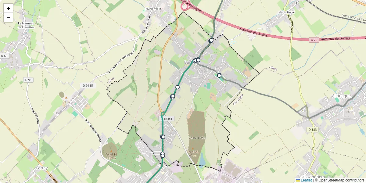 Carte du réseau de transport en commun à Burbure - lignes de bus et arrêts