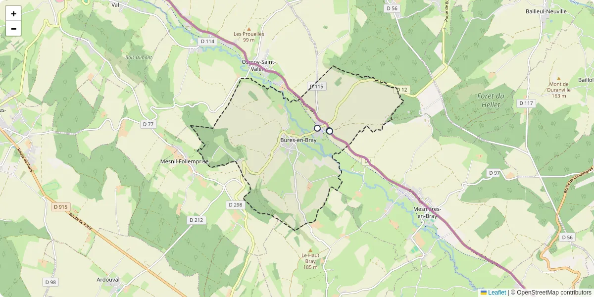 Carte du réseau de transport en commun à Bures-en-Bray - lignes de bus et arrêts