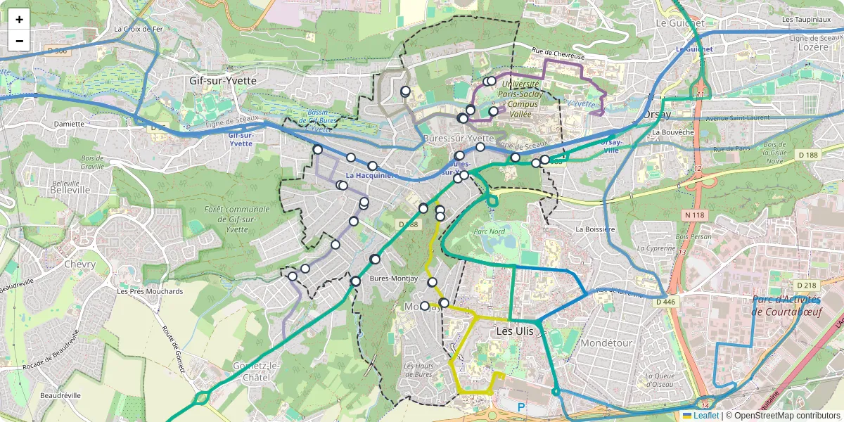 Carte du réseau de transport en commun à Bures-sur-Yvette - lignes de bus et arrêts