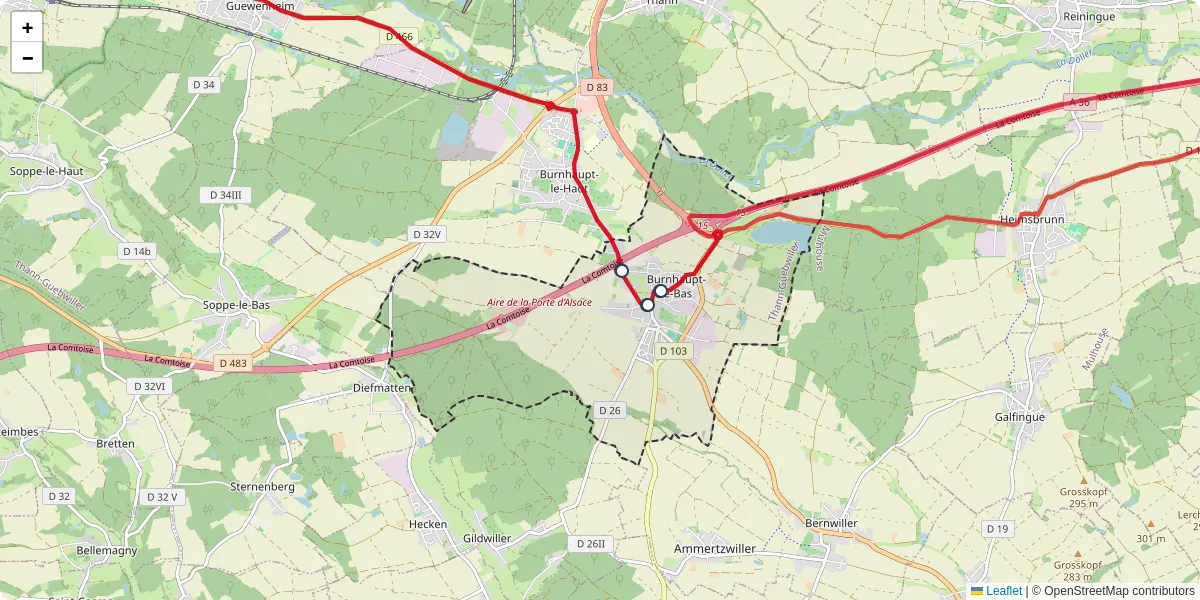 Carte du réseau de transport en commun à Burnhaupt-le-Bas - lignes de bus et arrêts