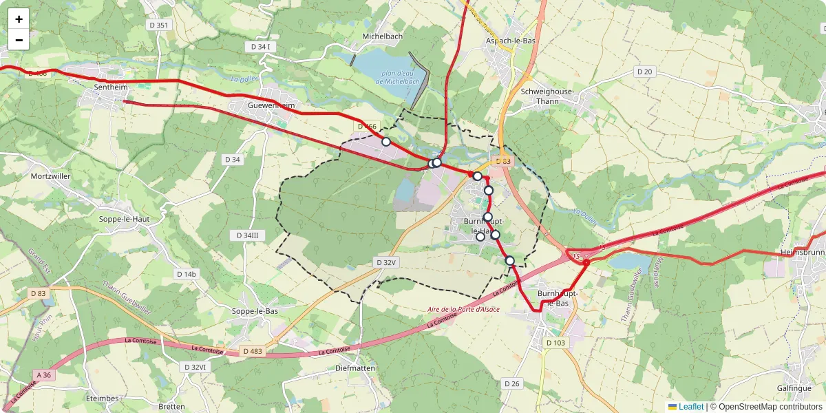Carte du réseau de transport en commun à Burnhaupt-le-Haut - lignes de bus et arrêts