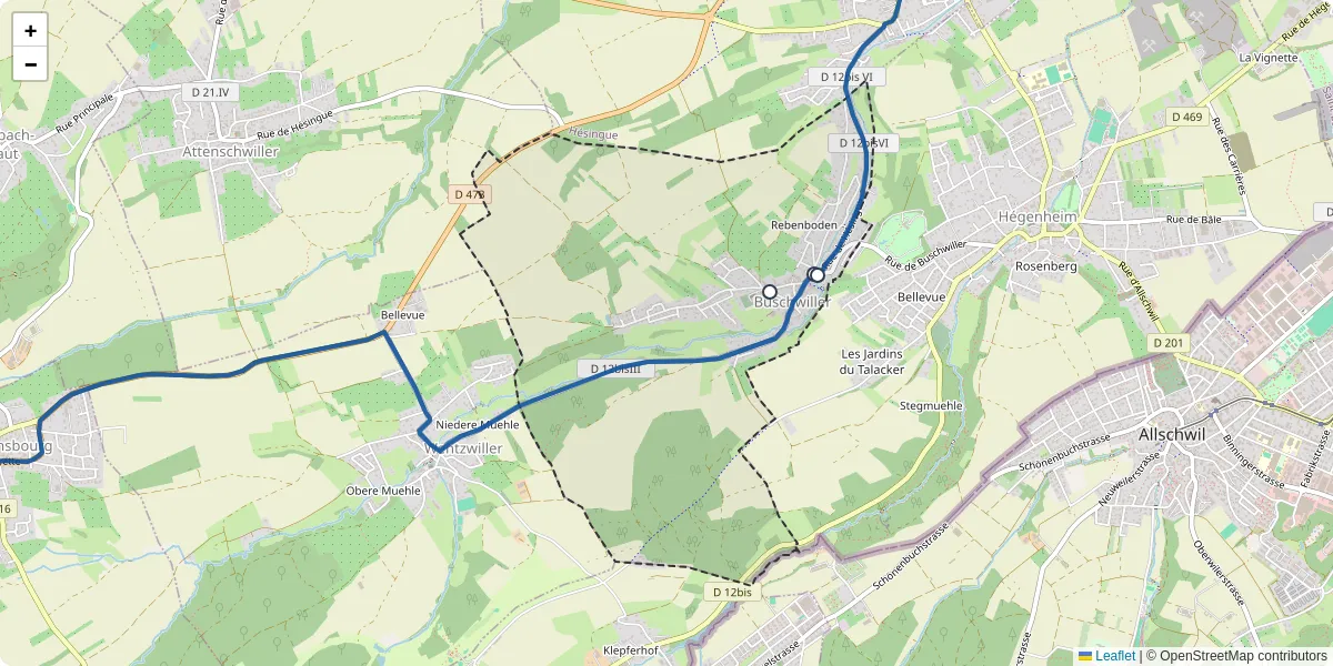 Carte du réseau de transport en commun à Buschwiller - lignes de bus et arrêts