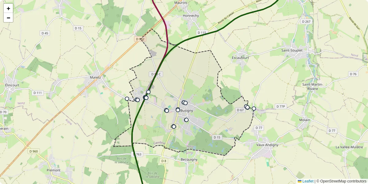 Carte du réseau de transport en commun à Busigny - lignes de bus et arrêts