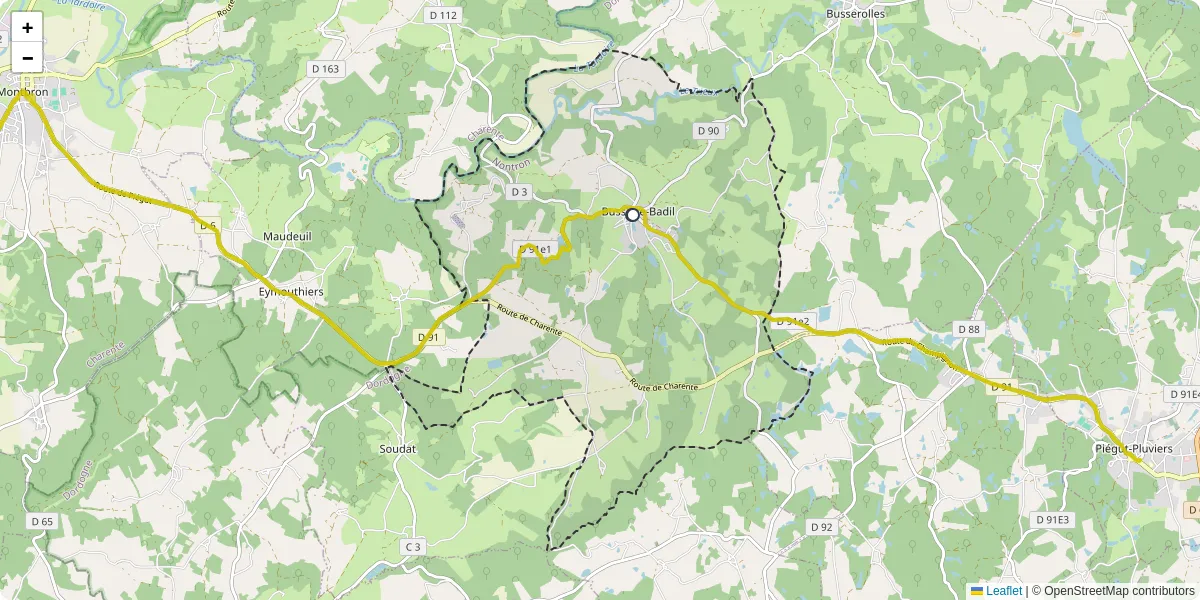 Carte du réseau de transport en commun à Bussière-Badil - lignes de bus et arrêts