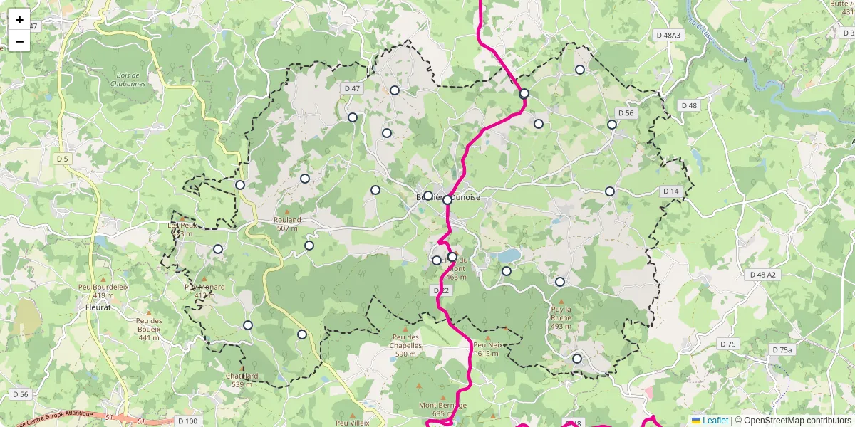 Carte du réseau de transport en commun à Bussière-Dunoise - lignes de bus et arrêts