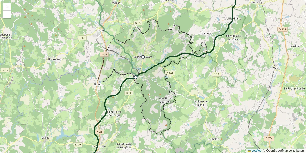 Carte du réseau de transport en commun à Bussière-Galant - lignes de bus et arrêts