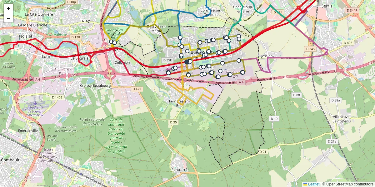Carte du réseau de transport en commun à Bussy-Saint-Georges - lignes de bus et arrêts