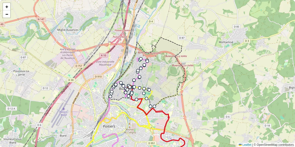 Carte du réseau de transport en commun à Buxerolles - lignes de bus et arrêts