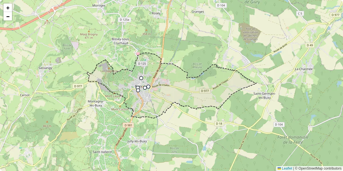 Carte du réseau de transport en commun à Buxy - lignes de bus et arrêts