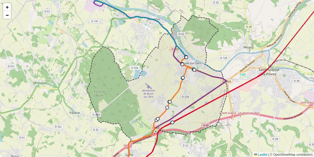 Carte du réseau de transport en commun à Buzet-sur-Tarn - lignes de bus et arrêts